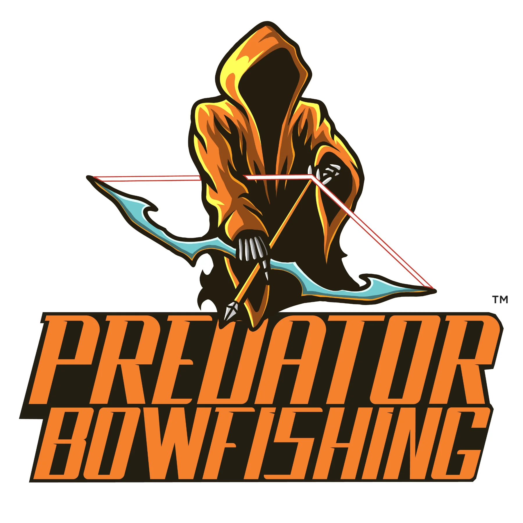 Predator Bowfishing logo featuring a hooded bowfishing figure and orange lettering.