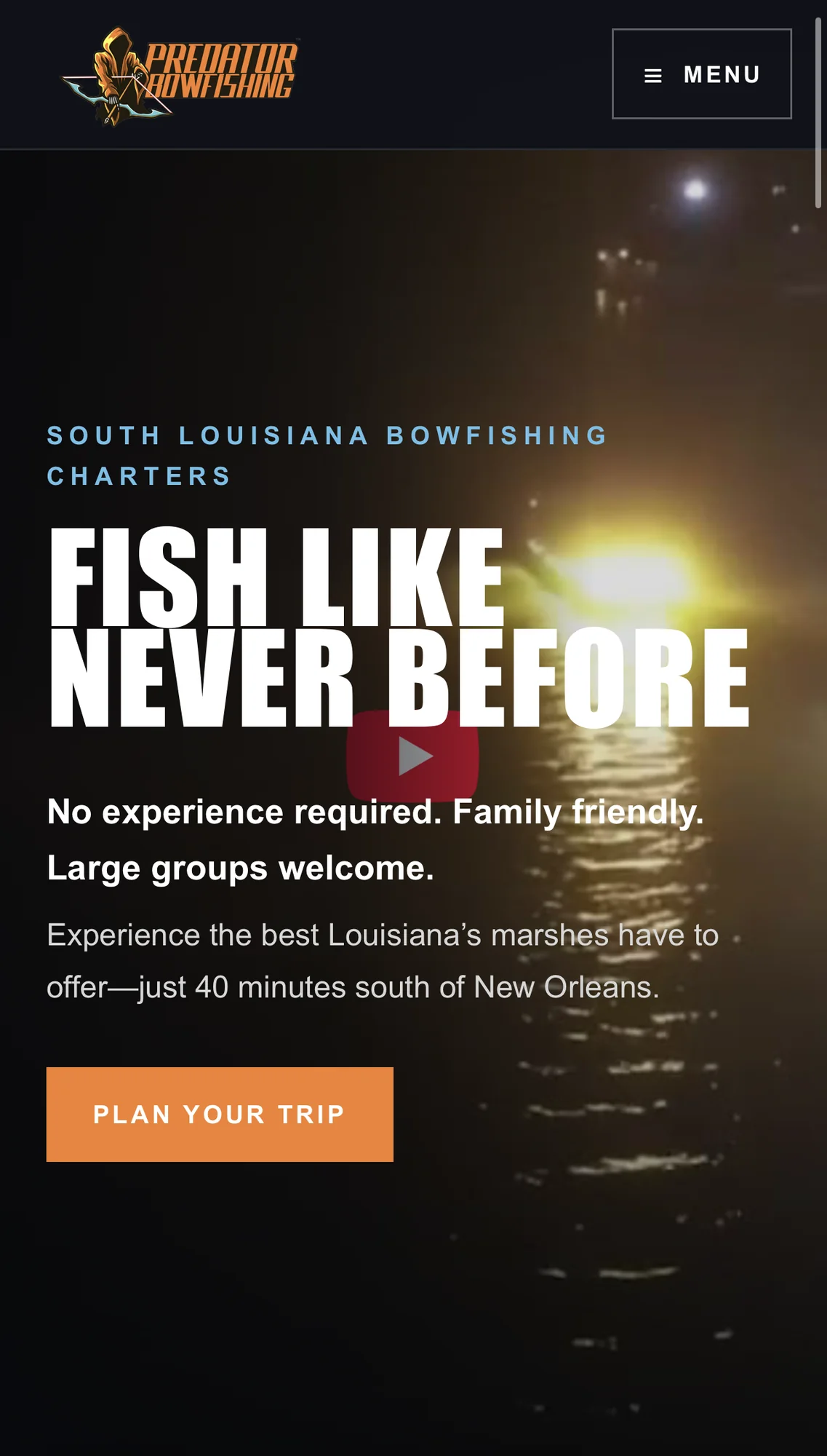 Predator Bowfishing mobile homepage with Fish Like Never Before headline and Plan Your Trip button.