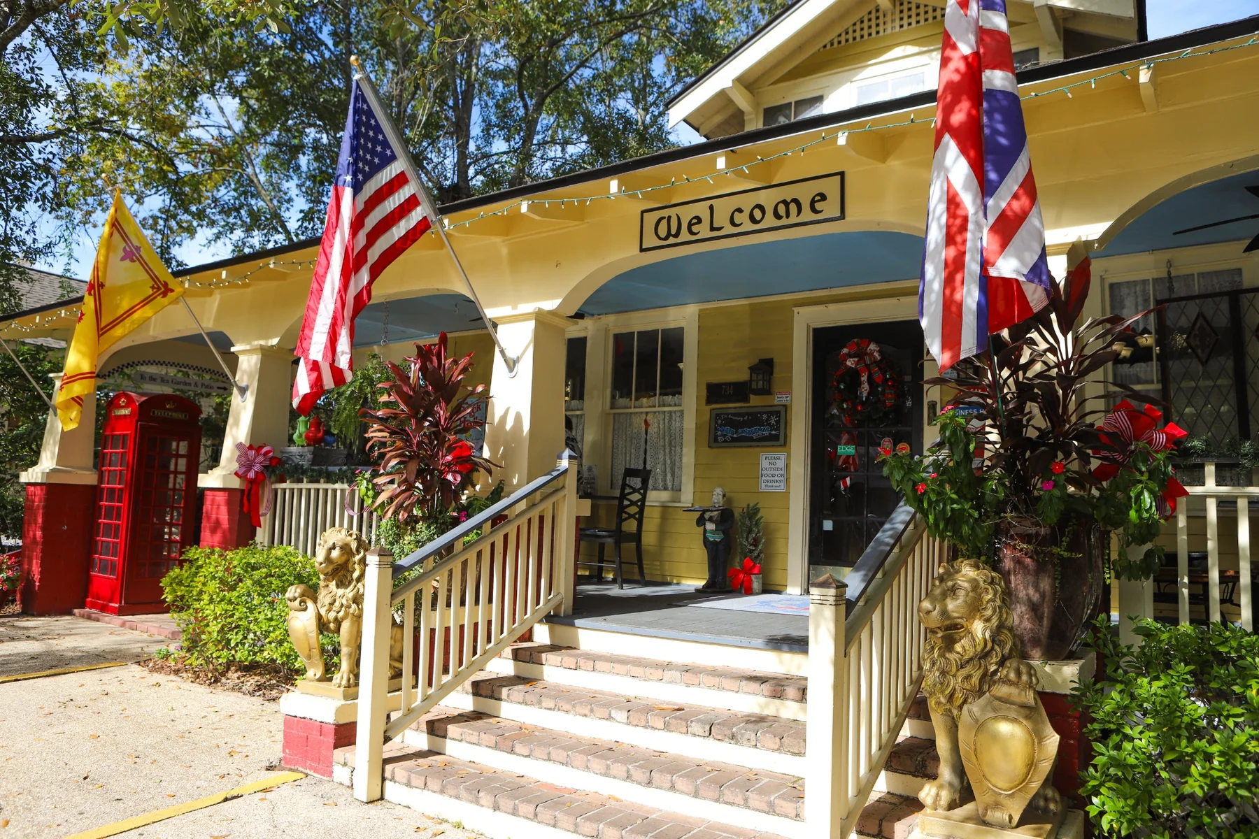 The English Tea Room entrance, with flags lining its porch.