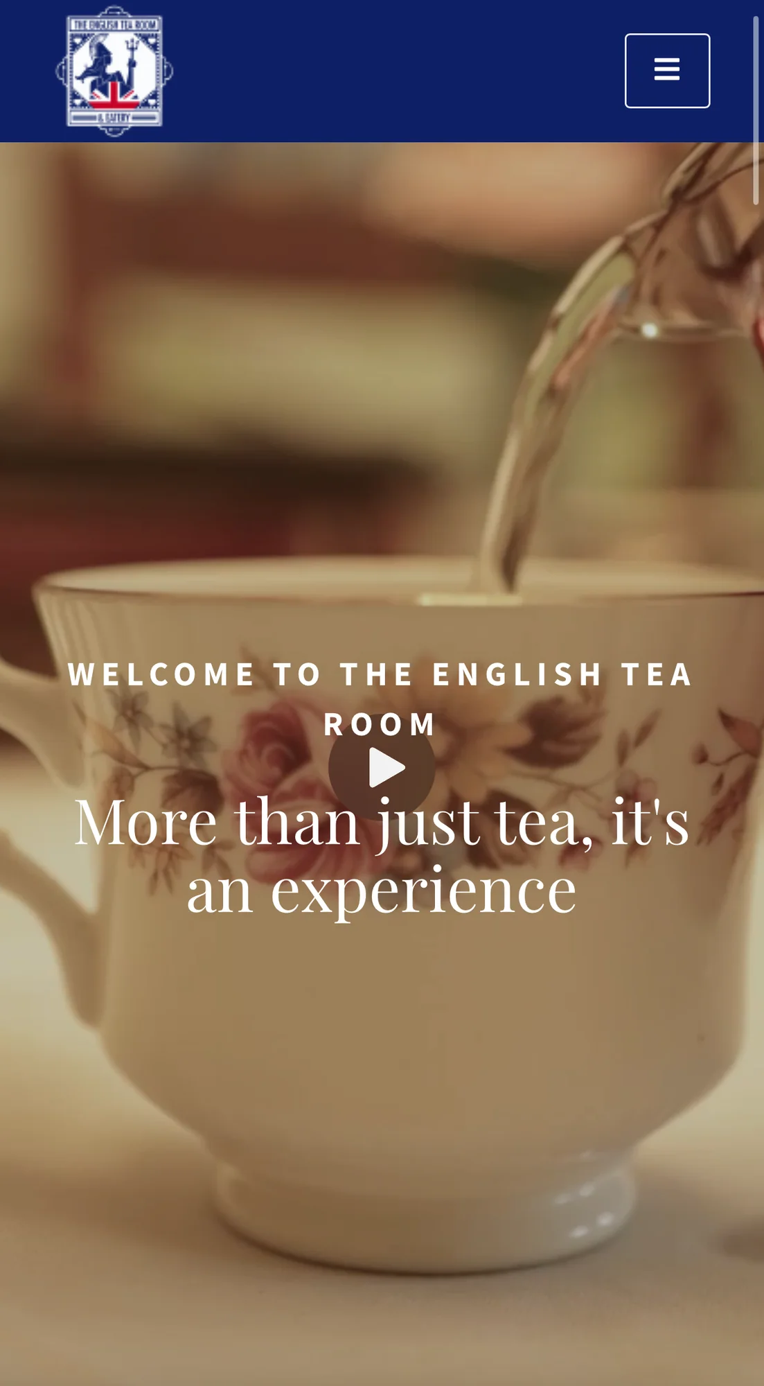 The English Tea Room mobile homepage, showing a teacup and the message More than just tea, it’s an experience.