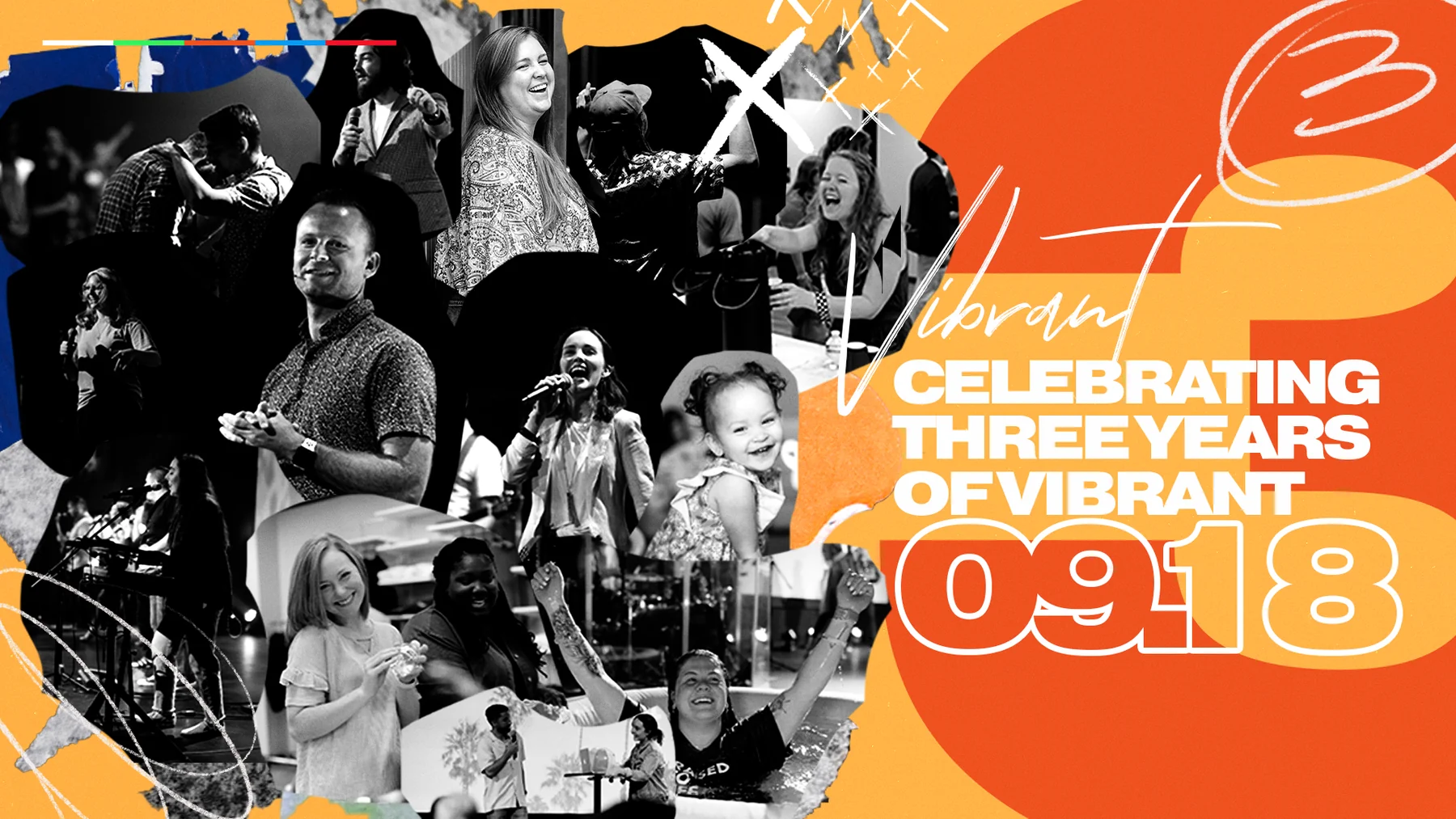 Third-anniversary artwork combining orange graphics with photographs of the Vibrant Church community.