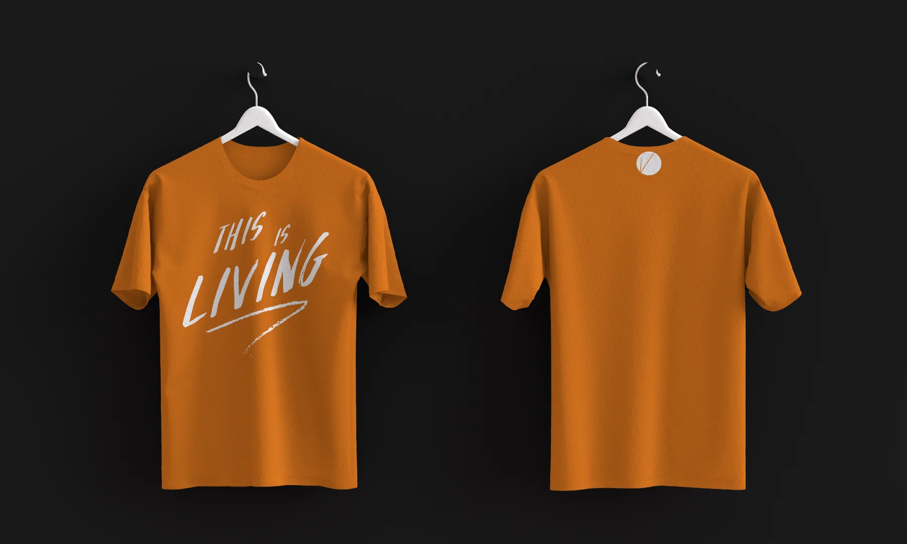 Orange Vibrant Church shirt mockups, shown front and back.