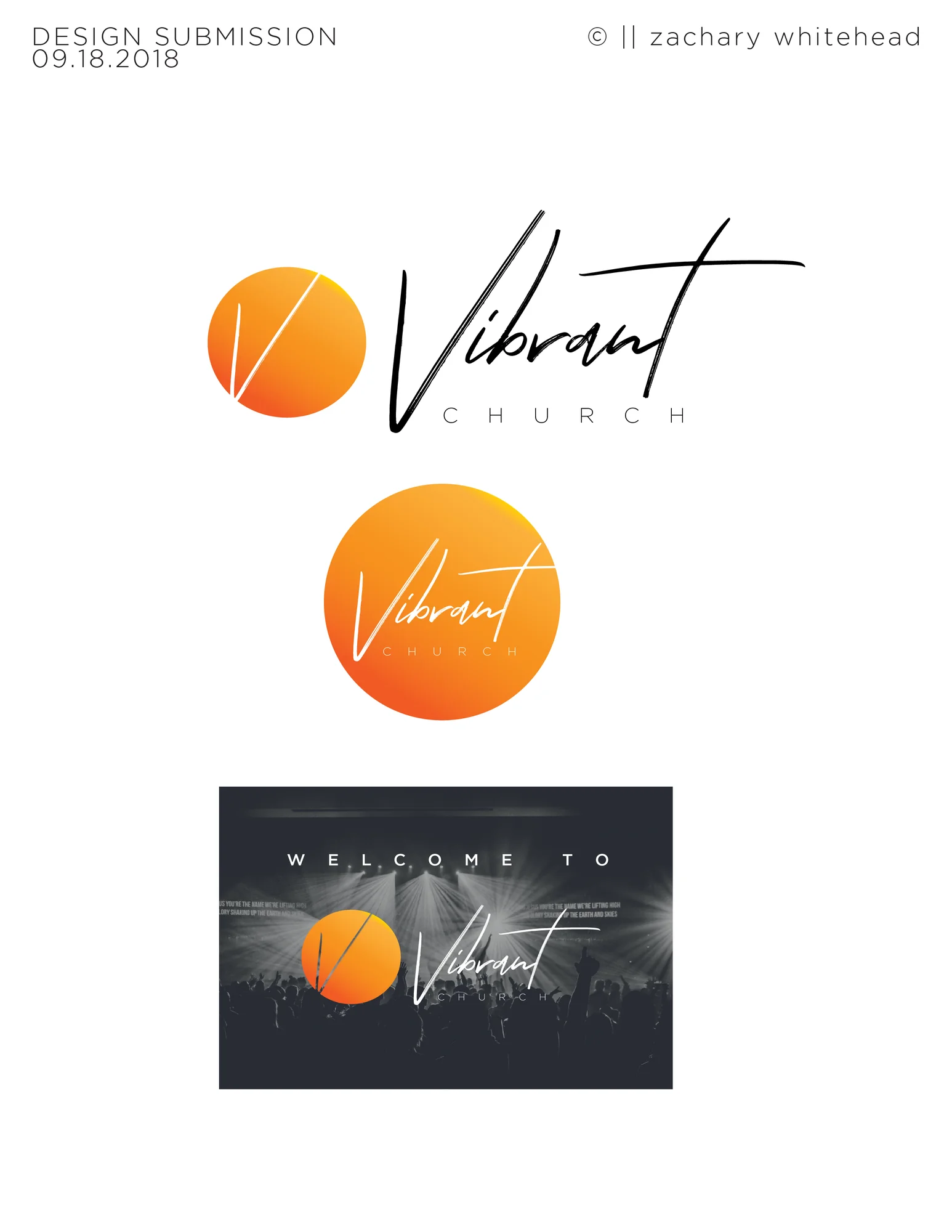 Orange Vibrant Church identity presentation with script wordmark, circular mark, and applications.