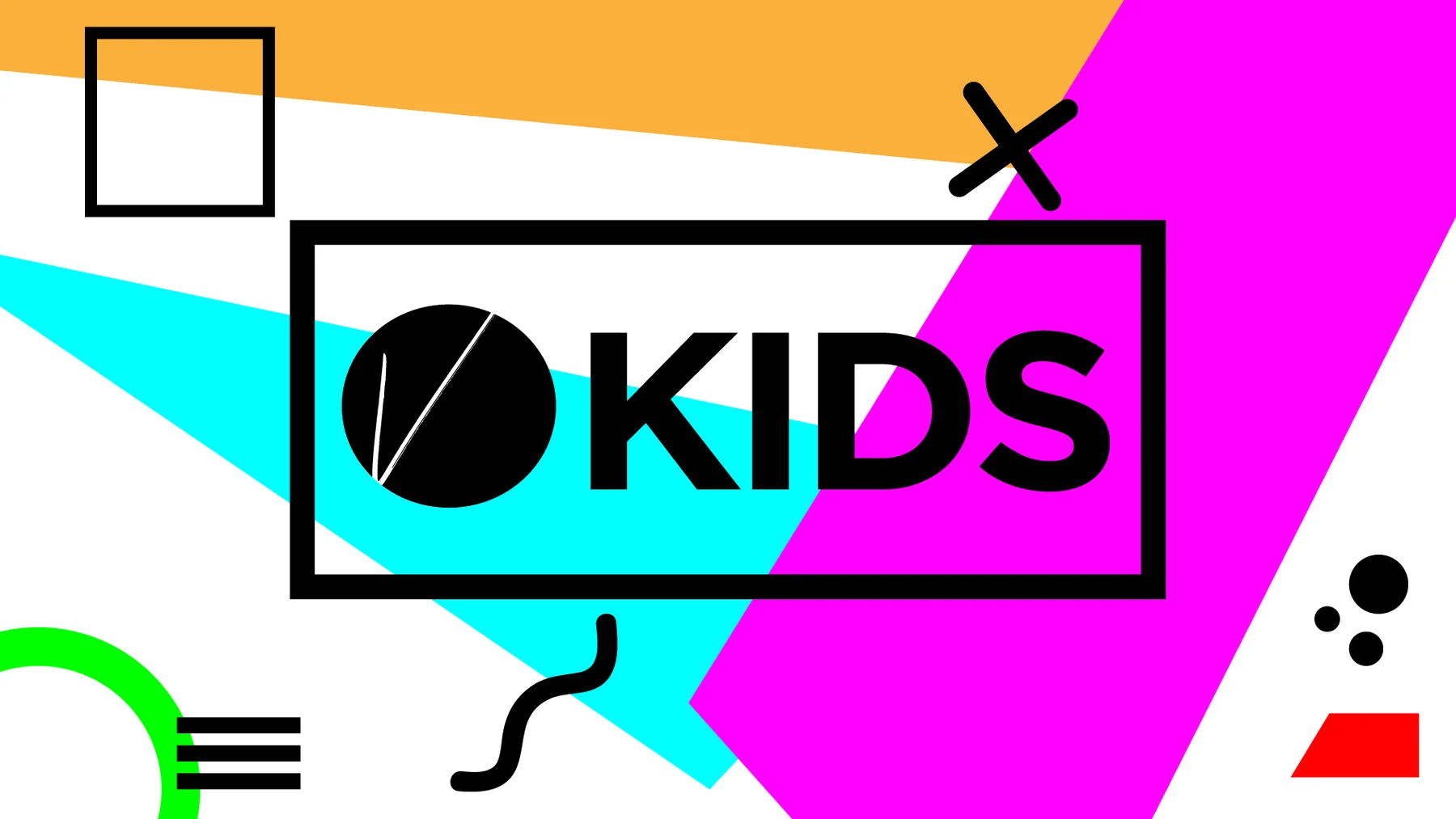 Vibrant Kids identity with bright geometric shapes and bold black lettering.